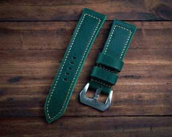 Pam style strap 24mm, 26mm, 22mm. Green waxed leather handmade strap for pam style watches.
