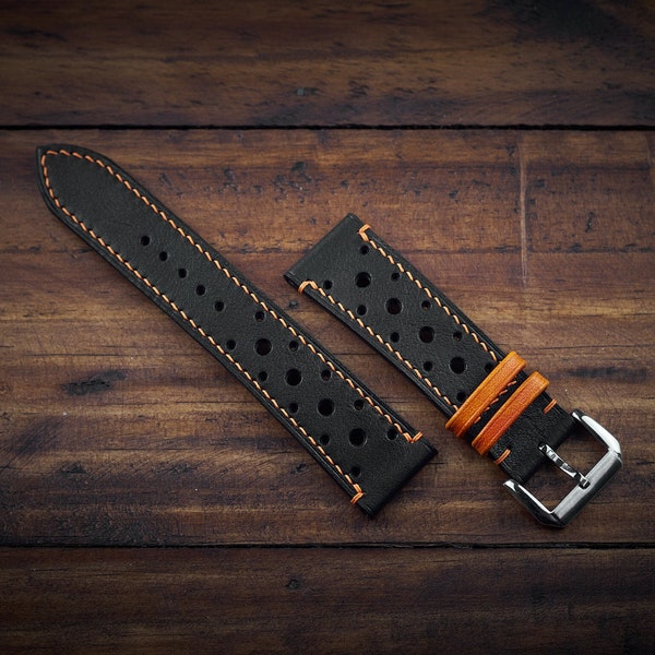 Handmade leather black racing watch strap, leather watch band. Black vachetta rally watch strap 20mm, 22mm, 24mm, 18mm.