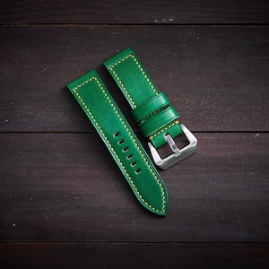 Panerai strap 24mm, 26mm, 22mm. Green vegetable tanned leather with yellow stitch handmade strap for Panerai.