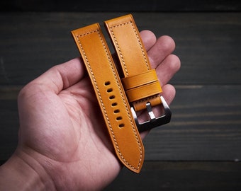 Correa estilo Pam de 24 mm, 26 mm y 22 mm. Correa de piel de curtido vegetal color amarillo albicocca, hecha a mano para Panerai.