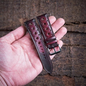 Patina bordeaux vegetable tanned rally watch strap 20mm, 22mm, 24mm, 18mm. Handmade leather bordeaux racing watch strap, leather watch band.