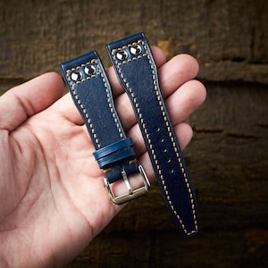 Rivet pilot strap for IWC, Aviation watch. Dark blue veg tan leather band aviator pilot design with rivet.