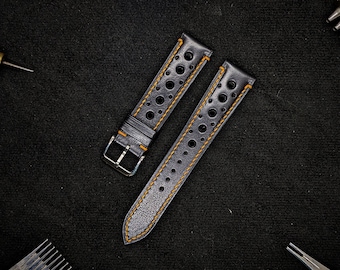 Handmade leather racing strap. Custom size vegetable tanned leather rally watch strap 18mm, 20mm, 22mm, 24mm.
