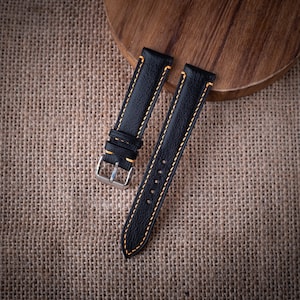 Vachetta leather watch strap 18mm, 20mm, 22mm, 24mm. Handmade black leather watch band.