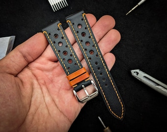 Black mix orange vachetta rally watch strap 20mm, 22mm, 24mm, 18mm. Handmade leather black racing watch strap, leather watch band
