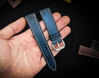 Patina blue vegetable tanned leather watch strap 18mm, 20mm, 22mm, 24mm, custom size. Blue leather watch band.