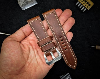 Panerai strap 24mm, 26mm, 22mm. Orange brown vegetable tanned leather handmade strap for Panerai.