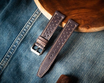 Handmade leather racing strap. Custom size vegetable tanned leather rally watch strap 18mm, 20mm, 22mm, 24mm.