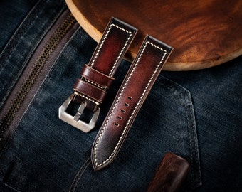 Pam style strap 24mm, 26mm, 22mm. Patina mahogany hand dyed color vegetable tanned leather handmade strap for Panerai.