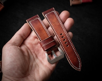 Pam style strap 24mm, 26mm, 22mm. Patina hand dyed color vegetable tanned leather handmade strap for Panerai.