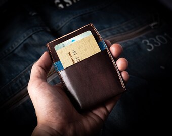 Handmade leather card wallet. Personalized brown veg tan leather card holder with hand dyed color. Slim wallet for front pocket.