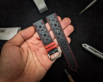 Black mix red vachetta rally watch strap 20mm, 22mm, 24mm, 18mm. Handmade leather black racing watch strap, leather watch band