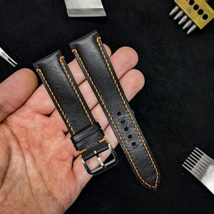 Black vachetta leather watch strap 18mm, 20mm, 22mm, 24mm. Handmade black leather watch band.