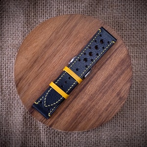 Black mix yellow vachetta rally watch strap 20mm, 22mm, 24mm, 18mm. Handmade leather black racing watch strap, leather watch band