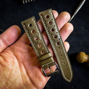 Olive green vegetable tanned rally watch strap 20mm, 22mm, 24mm, 18mm. Handmade leather olive green racing watch strap, leather watch band.