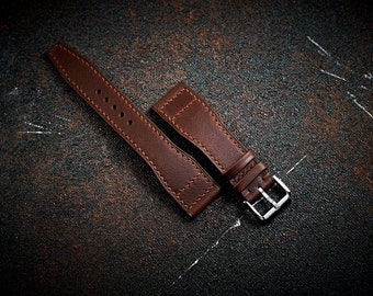 Pilot watch strap for IWC, Aviation watch. Brown vachetta leather band aviator pilot design.