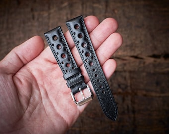 Black vachetta rally watch strap 20mm, 22mm, 24mm, 18mm. Handmade leather black racing watch strap, leather watch band