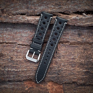 Black vachetta rally watch strap 20mm, 22mm, 24mm, 18mm. Handmade leather black racing watch strap, leather watch band