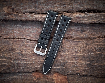 Black vachetta rally watch strap 20mm, 22mm, 24mm, 18mm. Handmade leather black racing watch strap, leather watch band