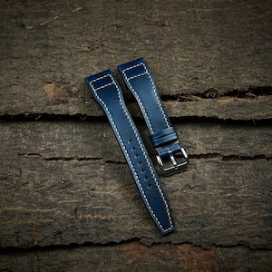 Pilot watch strap for IWC, Aviation watch. Dark blue veg tan leather band aviator pilot design.
