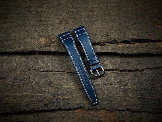 Pilot watch strap for Pilot watch, Aviation watch. Dark blue veg tan leather band aviator pilot design.