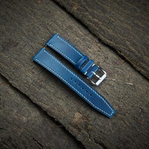 Blue vegetable tanned leather watch strap 18mm, 20mm, 22mm, 24mm, custom size. Blue leather watch band.