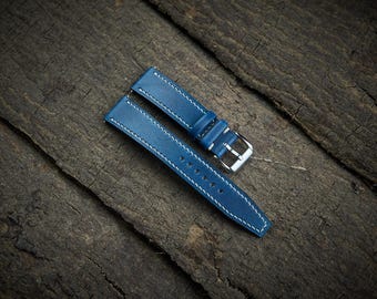 Blue vegetable tanned leather watch strap 18mm, 20mm, 22mm, 24mm, custom size. Blue leather watch band.