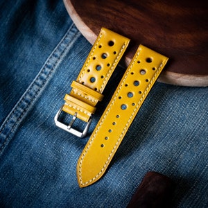 Handmade leather racing strap. Custom size vegetable tanned leather rally watch strap 18mm, 20mm, 22mm, 24mm.