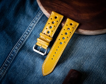 Handmade leather racing strap. Custom size vegetable tanned leather rally watch strap 18mm, 20mm, 22mm, 24mm.