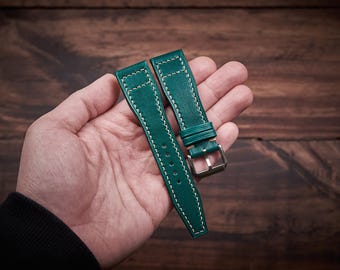 Pilot watch strap for IWC, Aviation watch. Green veg tan leather band aviator pilot design.