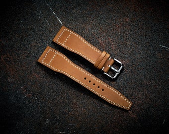 Pilot watch strap for IWC, Aviation watch. Tan brown vachetta leather band aviator pilot design.