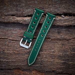 Green vegetable tanned rally watch strap 20mm, 22mm, 24mm, 18mm. Handmade leather dark green racing watch strap, leather watch band.