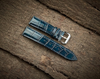 Correa de reloj de piel de caimán azul marino (18 mm, 20 mm, 22 mm y 24 mm, talla personalizada).
