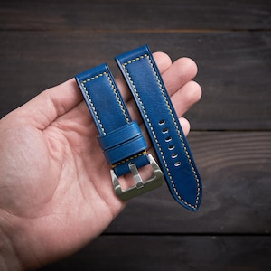 Panerai strap 24mm, 26mm, 22mm. Blue vegetable tanned leather with yellow stitch handmade strap for Panerai.