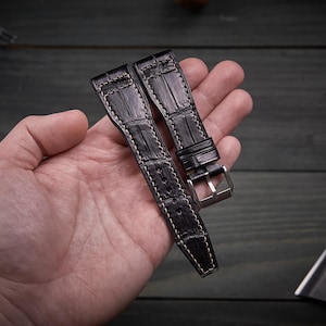 Alligator pilot watch strap for IWC, Aviation watch. Black alligator leather band aviator pilot design.