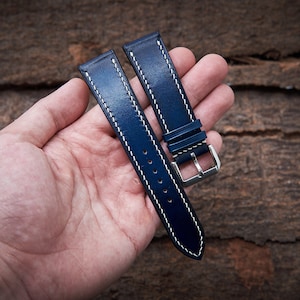 Patina blue vegetable tanned leather watch strap 18mm, 20mm, 22mm, 24mm, custom size. Blue leather watch band.