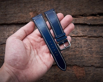 Patina blue vegetable tanned leather watch strap 18mm, 20mm, 22mm, 24mm, custom size. Blue leather watch band.