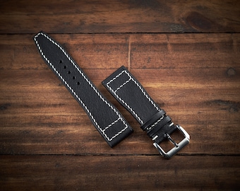 Pilot watch strap for IWC, Aviation watch. Black vachetta leather band aviator pilot design.