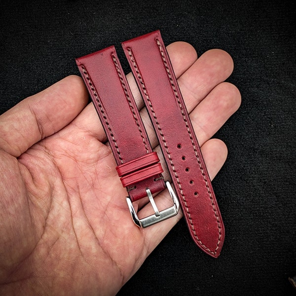 Bordeaux vegetable tanned leather watch strap 18mm, 20mm, 22mm, 24mm, custom size. Bordeaux leather watch band.