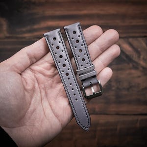 Gray vegetable tanned rally watch strap 20mm, 22mm, 24mm, 18mm. Handmade leather gray racing watch strap, leather watch band.