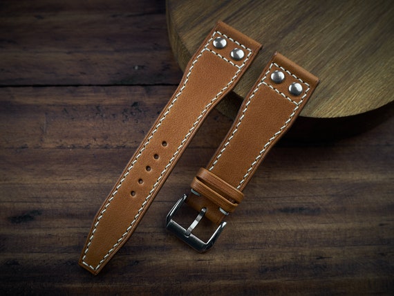 Rivet pilot strap for Pilot watch, Aviation watch. Tan brown vachetta leather band aviator pilot design with rivet.
