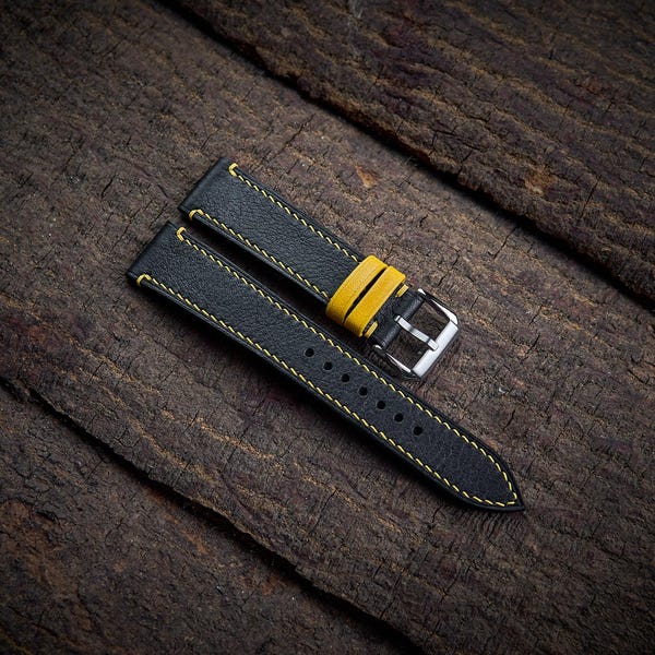 Black mix yellow vachetta leather watch strap 18mm, 20mm, 22mm, 24mm. Handmade black leather watch band.