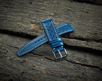Blue vegetable tanned rally watch strap 20mm, 22mm, 24mm, 18mm. Hand dyed leather blue racing watch strap, leather watch band.