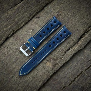 Curved end blue vegetable tanned rally watch strap 20mm, 22mm, 24mm, 18mm. Curved end leather blue racing watch strap, leather watch band.