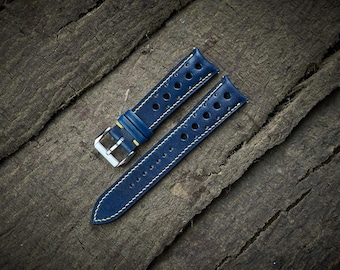 Curved end blue vegetable tanned rally watch strap 20mm, 22mm, 24mm, 18mm. Curved end leather blue racing watch strap, leather watch band.