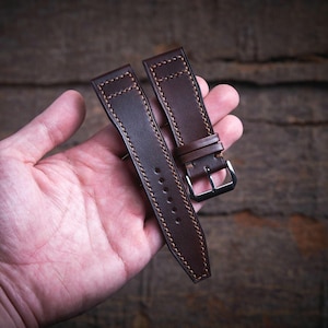 Pilot watch strap for IWC, Aviation watch. Chocolate brown veg tan leather band aviator pilot design.
