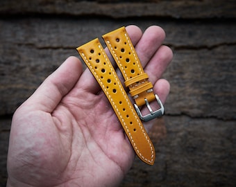 Yellow rally watch strap 20mm, 22mm, 24mm, 18mm. Handmade leather yellow racing watch strap, leather watch band