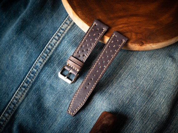 Handmade leather racing strap. Custom size vegetable tanned leather rally watch strap 18mm, 20mm, 22mm, 24mm.
