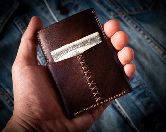 Handmade leather card wallet. Personalized brown veg tan leather card holder with hand dyed color. Slim wallet for front pocket.