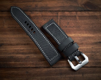 Panerai strap 24mm, 26mm, 22mm. Black buttero leather handmade strap for panerai.